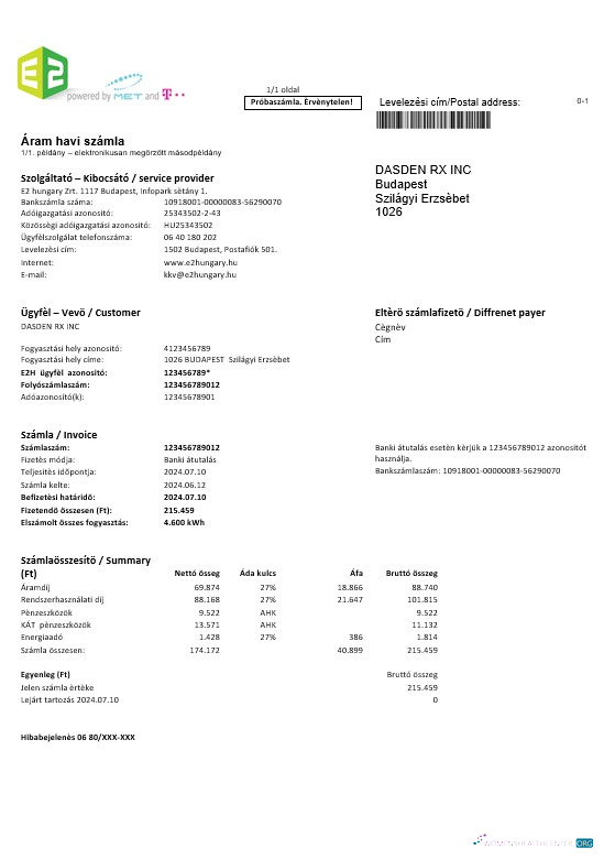 Download Hungary E2 business utility bill template in Word and PDF formats Photoshop template